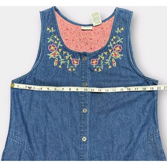 Vintage Womens Dress L Embroidery Floral Denim Maxi Pockets A-Line Retro Teacher - Picture 7 of 8